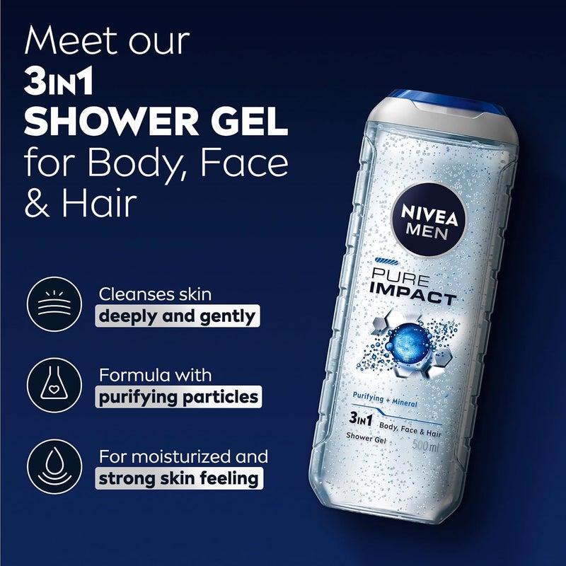 NIVEA MEN Pure Impact 3in1 Shower Gel, Fresh Scent, Pack of 3 x 500ml - Image 2